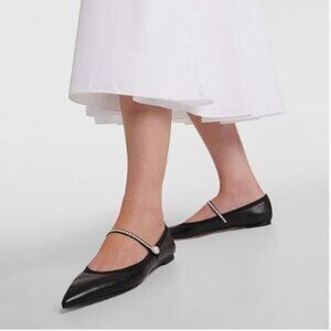 miss left Black Matte Pointed Toe Pearls Single Strap Buckle Flat Mary Jane Shoe